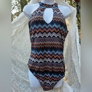 Leilani Chevron Halter One-Piece Swimsuit in Black, Blue & Brown Padded Top